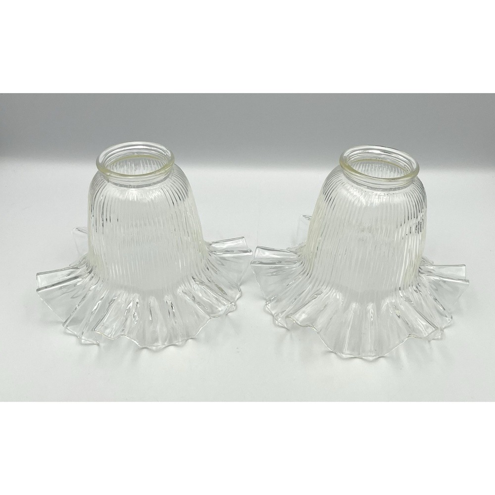 Vintage 1980s Clear Ribbed Glass Lamp Shades Ruffled Edge 2" Fitter Pair
